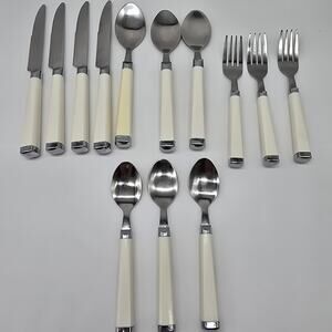 Cambridge Lot of 13 Stainless Steel Flatware with Square Plastic Handle Ivory